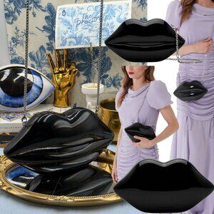 🆕 LULU GUINNESS 🧿 NWOT Black Medium Iconic Lips Perspex Clutch Bag